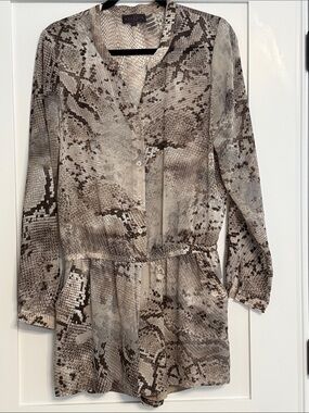 Hale Bob Neutral Snake-Print Long-Sleeve Sheer Romper